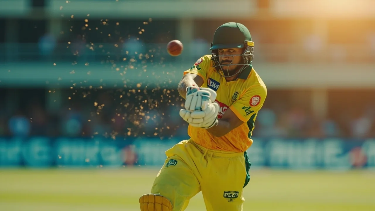 Tight sideline action frame of a top-order batsman playing a shot during a T20 fixture