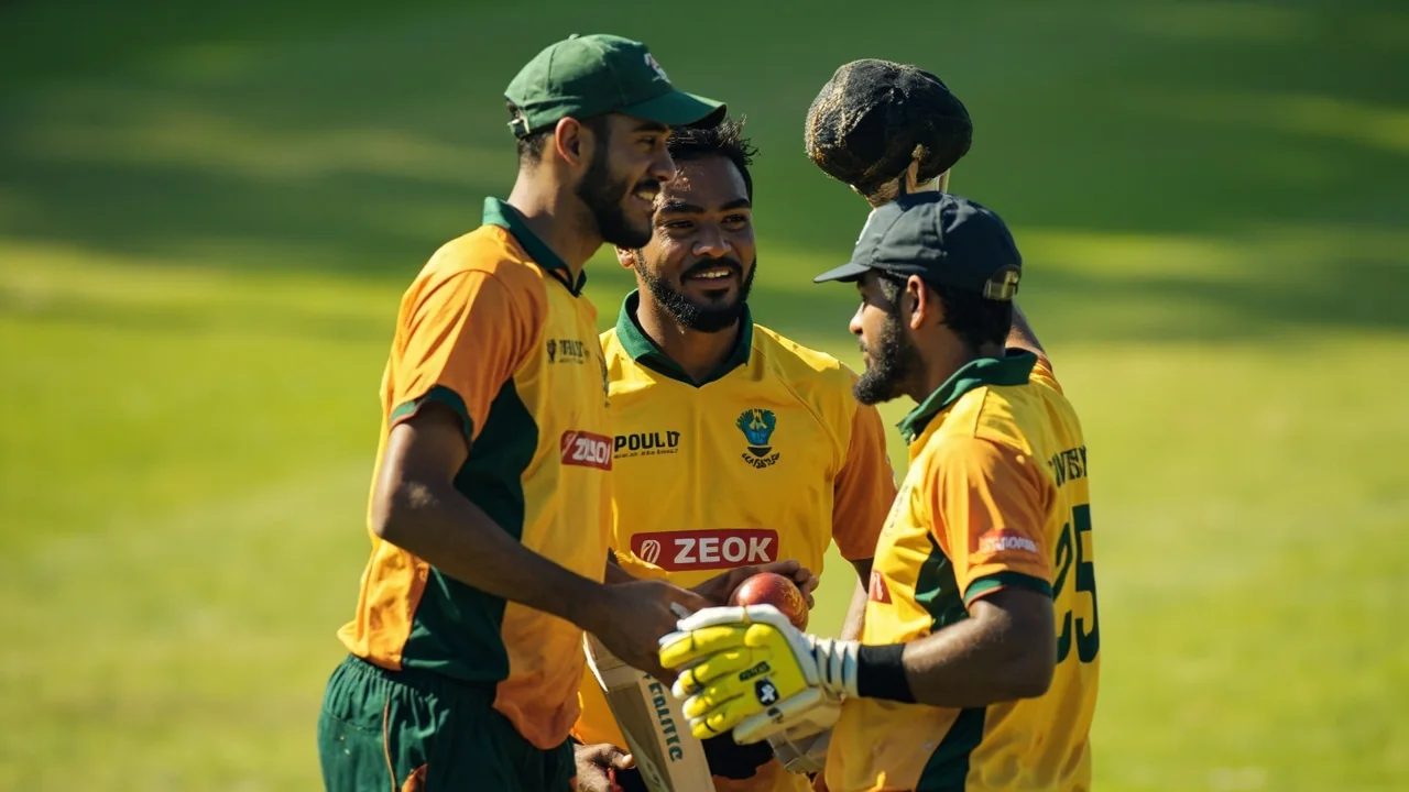 Medium tactical view of field placement, equipment, and team interaction during a T20 powerplay